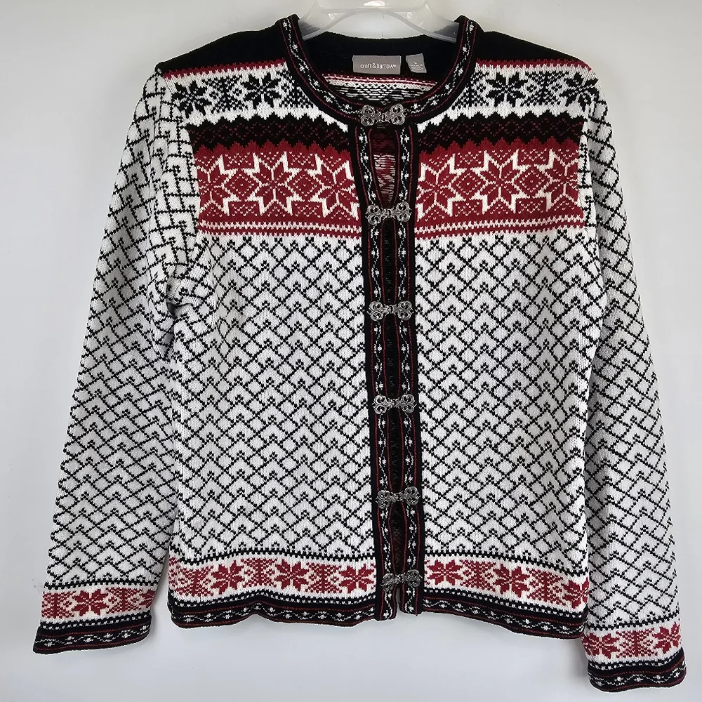 Croft & Barrow Sweater Cardigan Womens Large Black Fair Isle Nordic Chenille - Picture 1 of 9
